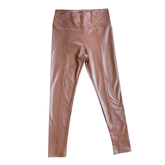 Saks Fifth Avenue Faux Leather Pull On Pants Brown Tapered Elastic Waist Medium - Picture 1 of 7